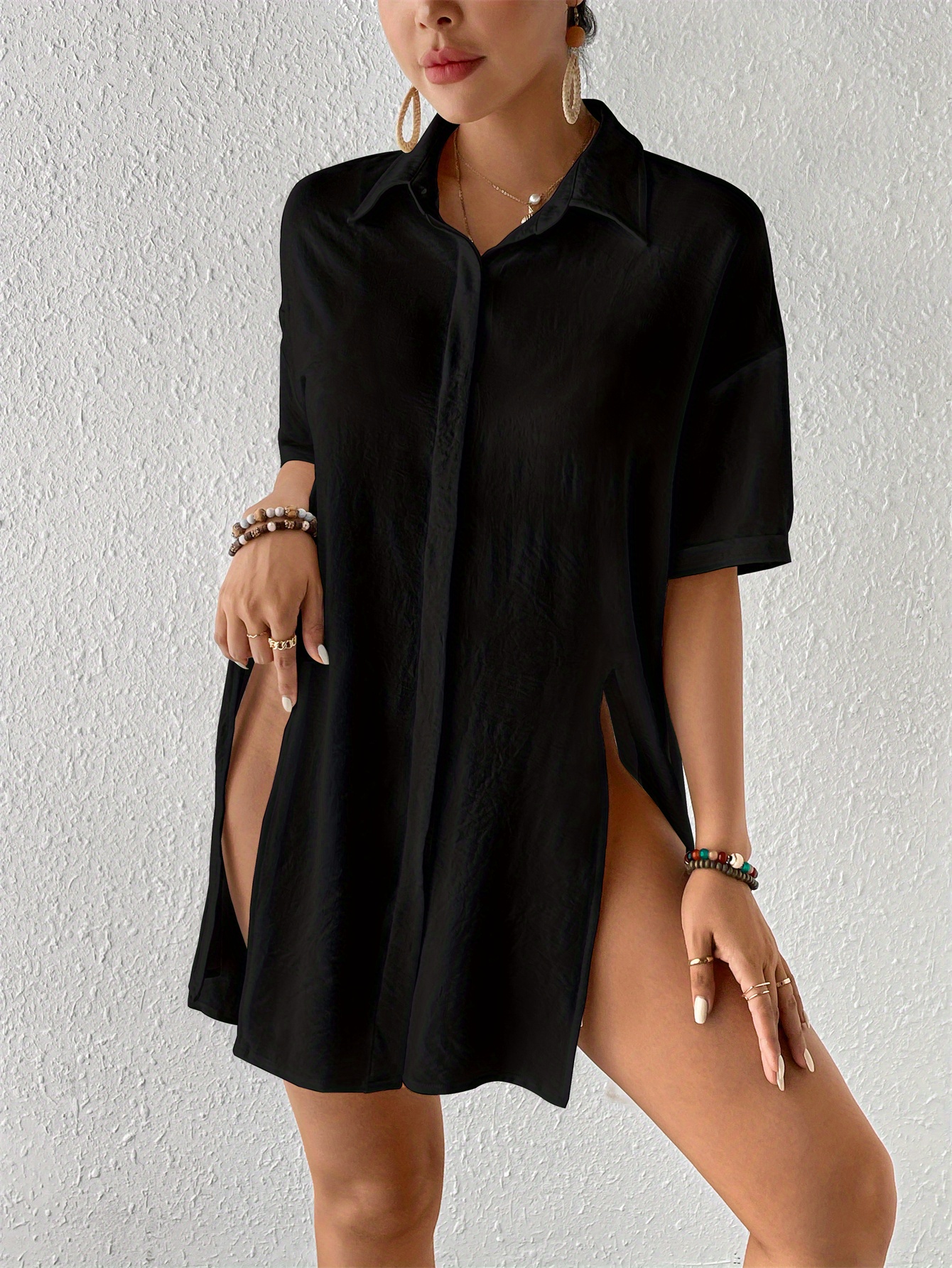 womens short shirt ice silk wrinkled neck solid color button elegant casual shirt details 0