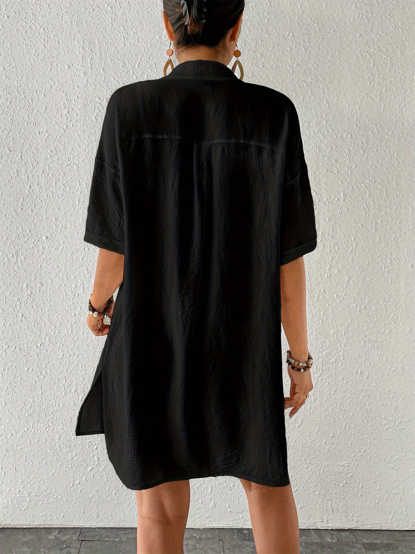 womens short shirt ice silk wrinkled neck solid color button elegant casual shirt details 3