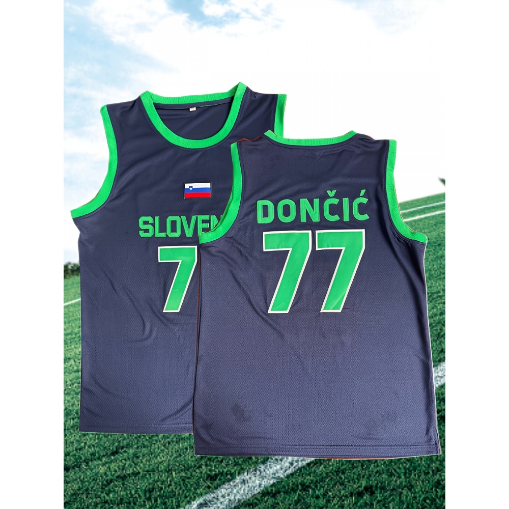Men's #77 Embroidered Basketball Jersey - Breathable Polyester, V-Neck Sleeveless Sports Uniform for Training & Casual Wear, Machine Washable - Sizes S to 3XL, Classic Letter Embroidery Design