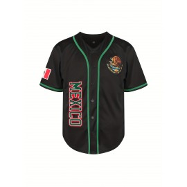 1pc Mexico Men'S V-Neck Baseball Jersey - Breathable Polyester Sports Top with Lettering and Emblem, Casual Loose-Fit for Training and Beachwear, Available in Black, White, and Red