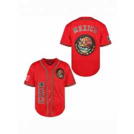 1pc Mexico Men'S V-Neck Baseball Jersey - Breathable Polyester Sports Top with Lettering and Emblem, Casual Loose-Fit for Training and Beachwear, Available in Black, White, and Red