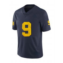 Men's #9 Dark Blue American Football Jersey : Embroidery V-neck short sleeves Breathable Rugby School Sports Uniform For Training Competition