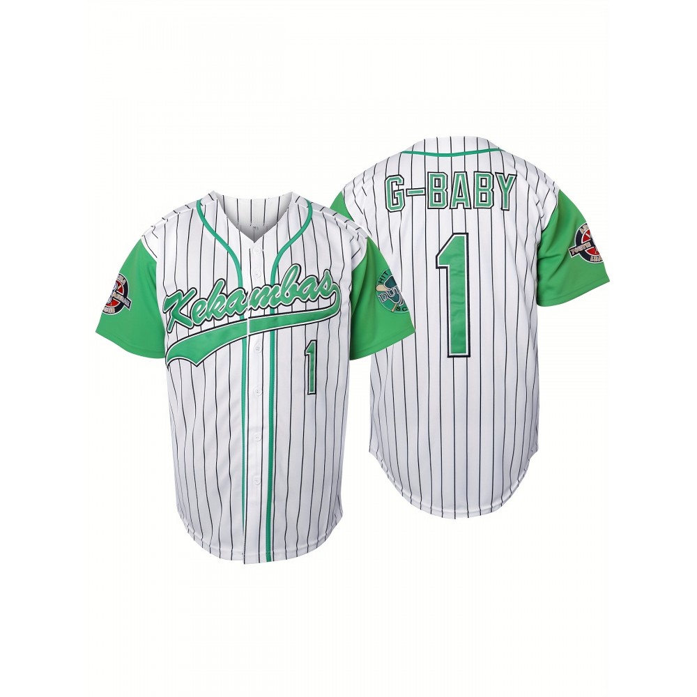 Men's #1 White Striped Embroidered Baseball Jersey - V-Neck, Short Sleeve, Breathable & Moisture-Wicking, Perfect for Sports & Casual Wear