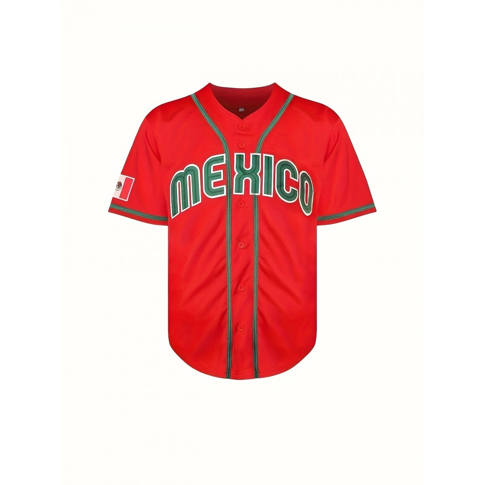 1pc Men'S Mexico #56 Baseball Jersey - V-Neck, Short Sleeve, Embroidered, Breathable Polyester, Lightweight, Moisture-Wicking, Ergonomic Design, Button Closure - Sports & Casual Wear for Four Seasons