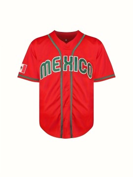 1pc Men'S Mexico #56 Baseball Jersey - V-Neck, Short Sleeve, Embroidered, Breathable Polyester, Lightweight, Moisture-Wicking, Ergonomic Design, Button Closure - Sports & Casual Wear for Four Seasons