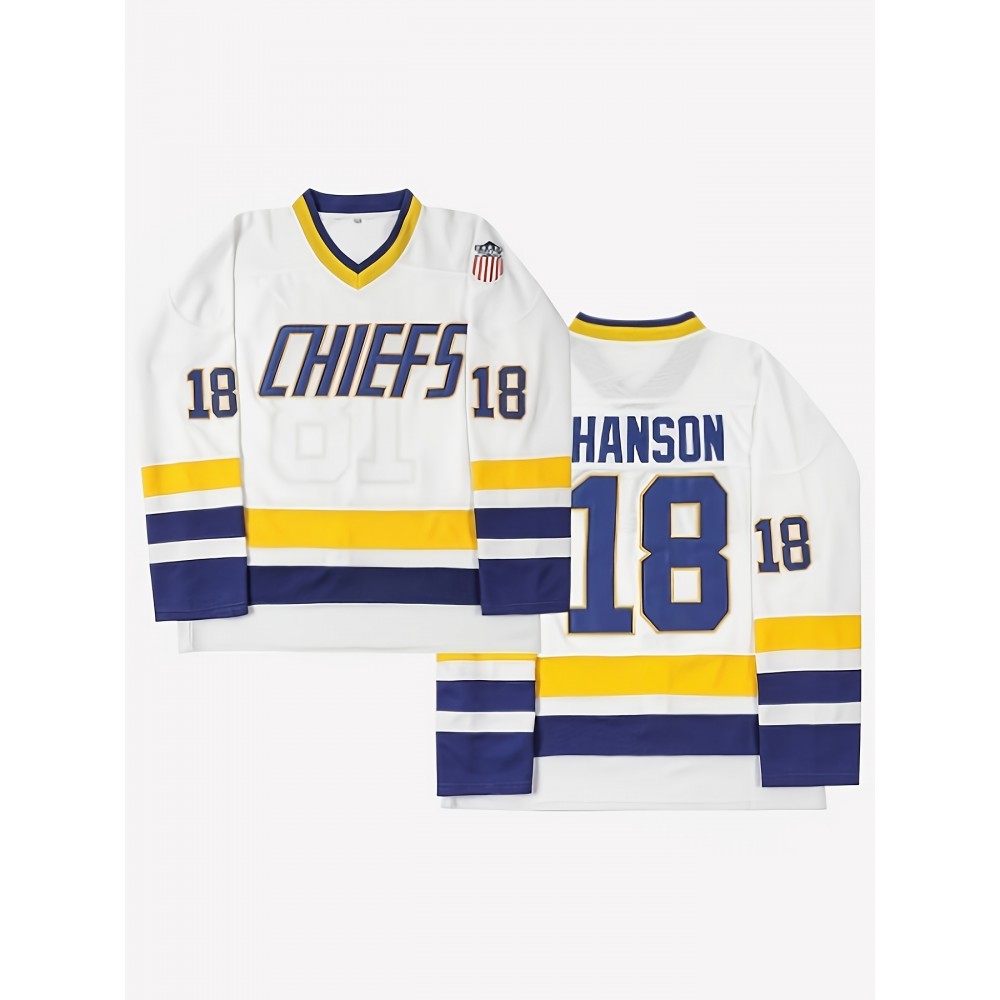 Vintage Hanson Brothers #18 Charlestown Chiefs Hockey Jersey - Blue & White,, Moisture-Wicking Polyester, Long Sleeve, V-Neck Captain's Sweatshirt with Classic Stripes for Sports, Parties & Casual Wear