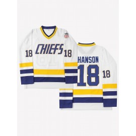 Vintage Hanson Brothers #18 Charlestown Chiefs Hockey Jersey - Blue & White,, Moisture-Wicking Polyester, Long Sleeve, V-Neck Captain's Sweatshirt with Classic Stripes for Sports, Parties & Casual Wear