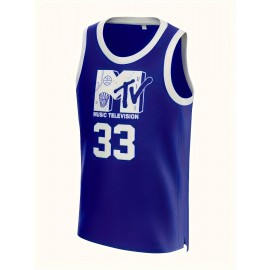 Men's #33 Breathable Basketball Jersey - Casual & Sporty Sleeveless Tank Top in Blue, MTV Music Television Embroidery, Polyester, Round Neck - Perfect for Team Sports, Outdoor Activities & Casual Attire, Sizes S-3XL