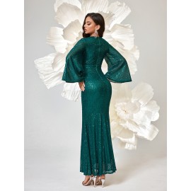 Long Sleeve Shiny Sequin V-neck Elegant Mermaid Hem Formal Dress for Party & Banquet, Women's Clothing