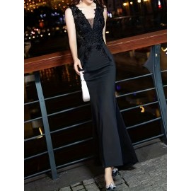 Sleeveless Contrast Mesh V Neck Bodycon Dress, Elegant Evening Dress For Wedding Party, Women's Clothing