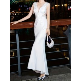 Sleeveless Contrast Mesh V Neck Bodycon Dress, Elegant Evening Dress For Wedding Party, Women's Clothing