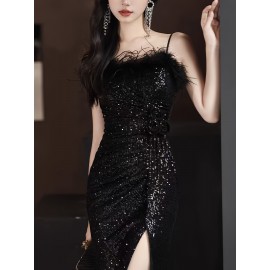 Elegant Black Sequin Evening Gown for Women - Luxurious Off-Shoulder, Sleeveless with Belt & Side Slit, Perfect for Parties & Banquets