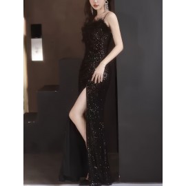 Elegant Black Sequin Evening Gown for Women - Luxurious Off-Shoulder, Sleeveless with Belt & Side Slit, Perfect for Parties & Banquets