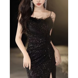 Elegant Black Sequin Evening Gown for Women - Luxurious Off-Shoulder, Sleeveless with Belt & Side Slit, Perfect for Parties & Banquets