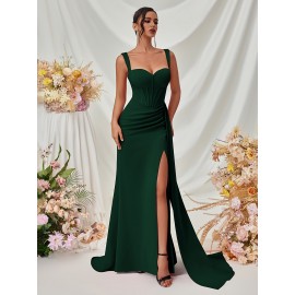 Elegant Spaghetti Strap Backless Gown with Thigh-High Slit - Perfect for Parties & Formal Events, Women's Evening Dress