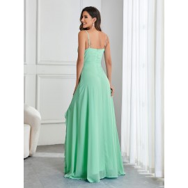 Elegant Extra-long Cami Dress - Classic Solid V Neckline, Delicate Ruffle Trim Details, Dramatic Split Sleeveless Design, Sultry Backless Style - Exuding Elegance, Perfect for Wedding Occasions, Designed for Women