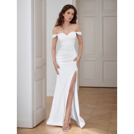 Elegant Off-the-Shoulder Mermaid Gown with High Slit and Choker Neckline - Perfect for Wedding or Formal Events