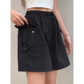 Summer Chic Drawstring Cargo Shorts - Comfortable Polyamide Fabric, Machine Washable, Solid Color, Casual Style for Women - Perfect for Outdoor Activities
