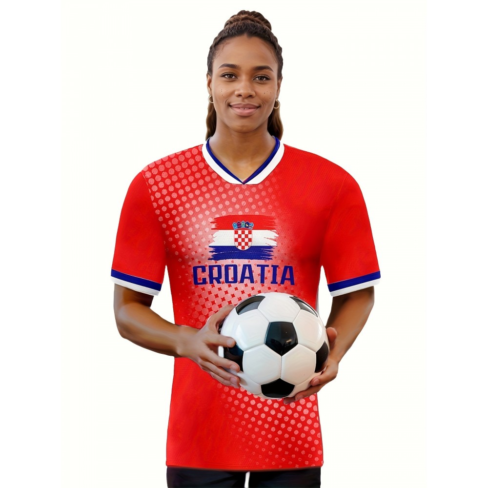 Women's Plus Size Croatia Soccer Jersey - Patriotic Red & Blue V-Neck, Breathable & Lightweight Polyester Sports Tee with Croatian Flag & 