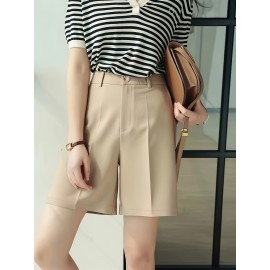 Button Front High Waist Shorts, Casual Solid Color Slant Pockets Loose Shorts For Spring & Summer, Women's Clothing