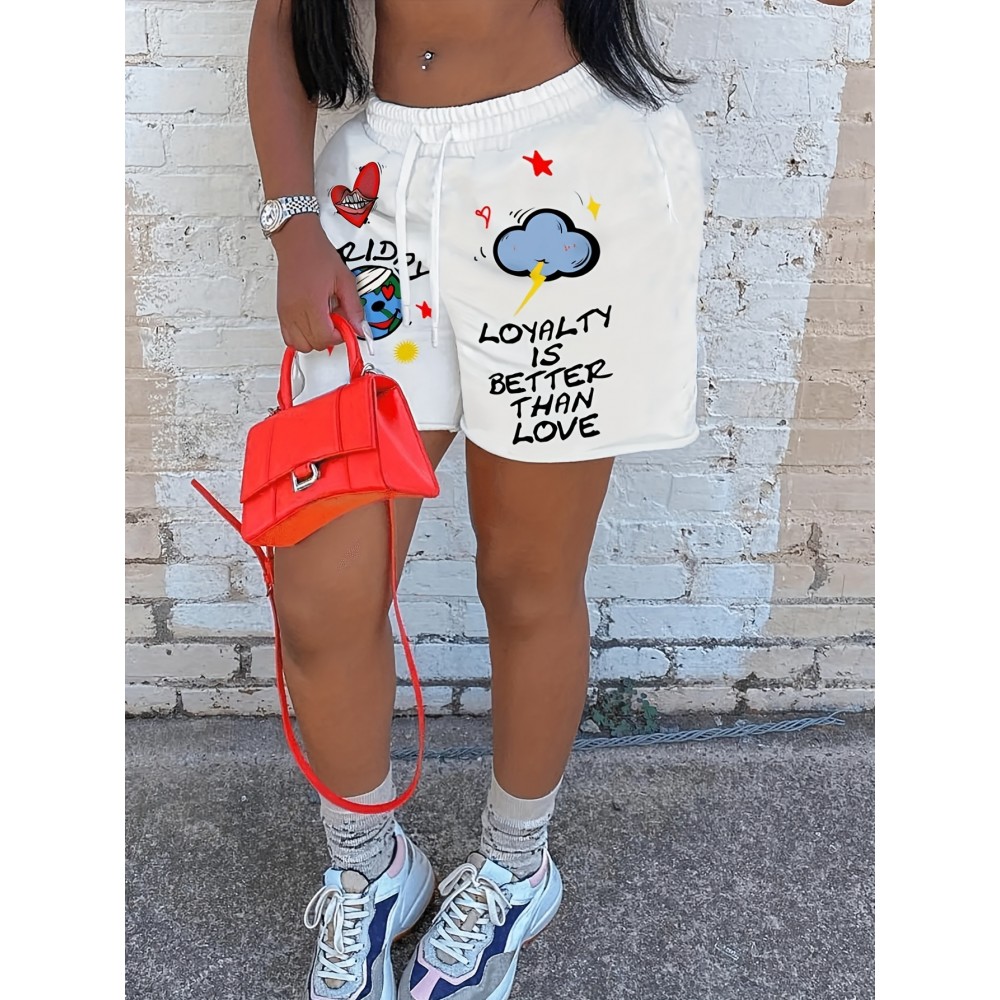 Vibrant Alphabet Print Knit Shorts - Elastic Drawstring Waist, Micro Elastic Polyester Fabric, Casual Style for Spring, Summer, and Fall - Womens High Waist Comfortable Shorts for Everyday Wear