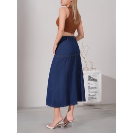 Dark Washed Women's Casual Midi Denim Skirt, Blue Jeans Style, Classic Fit