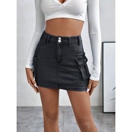 Plain Flap Pockets Cargo Denim Mini Skirt, High Stretch Double Button Washed Denim Skirt, Women's Denim Clothing