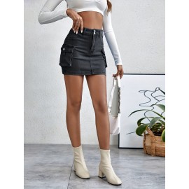 Plain Flap Pockets Cargo Denim Mini Skirt, High Stretch Double Button Washed Denim Skirt, Women's Denim Clothing