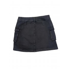 Plain Flap Pockets Cargo Denim Mini Skirt, High Stretch Double Button Washed Denim Skirt, Women's Denim Clothing