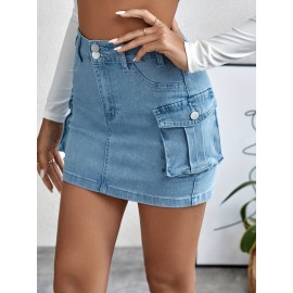 Plain Flap Pockets Cargo Denim Mini Skirt, High Stretch Double Button Washed Denim Skirt, Women's Denim Clothing