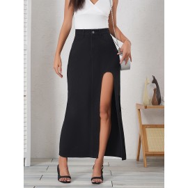 Elegant Black Denim Midi Skirt for Women - Asymmetrical, Non-Stretch, Machine Washable - Perfect for Spring/Summer/Fall