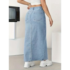 Split Side Whiskering Light Washed Blue Casual Style Stretchy Maxi Denim Skirt, Women's Denim Jeans & Clothing