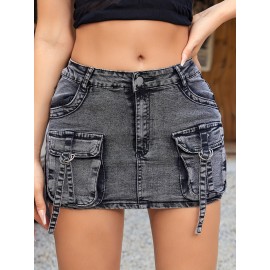 Women's Elegant Vintage Grey Denim Mini Skirt With Flap Pockets, Zipper Button Closure Cargo Denim Skirt