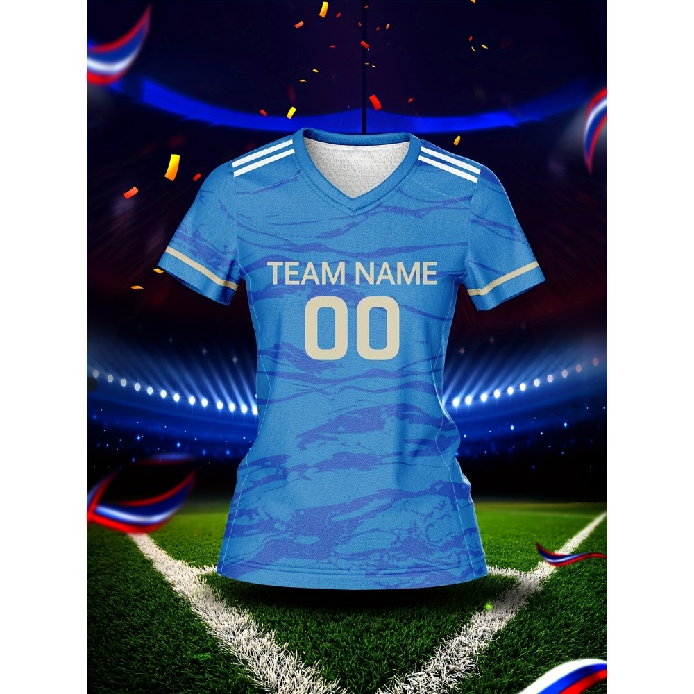 Customizable Women'S V-Neck Football Jersey, Polyester 100%, Quick-Dry Knit Fabric, Regular Length, All Over Print, Slight Stretch, Breathable for Training & Fitness, Spring/Summer/Fall Sports Top
