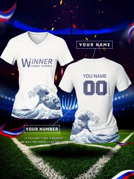 Customized Women's V-Neck Football Jersey - Personalized Name & Number, Breathable Quick-Dry Fabric, Japanese Wave Print Design for Team Training, Fitness & Casual Wear (Spring/Summer/Fall), Personalized Football Jersey, Quickdry Sportswear