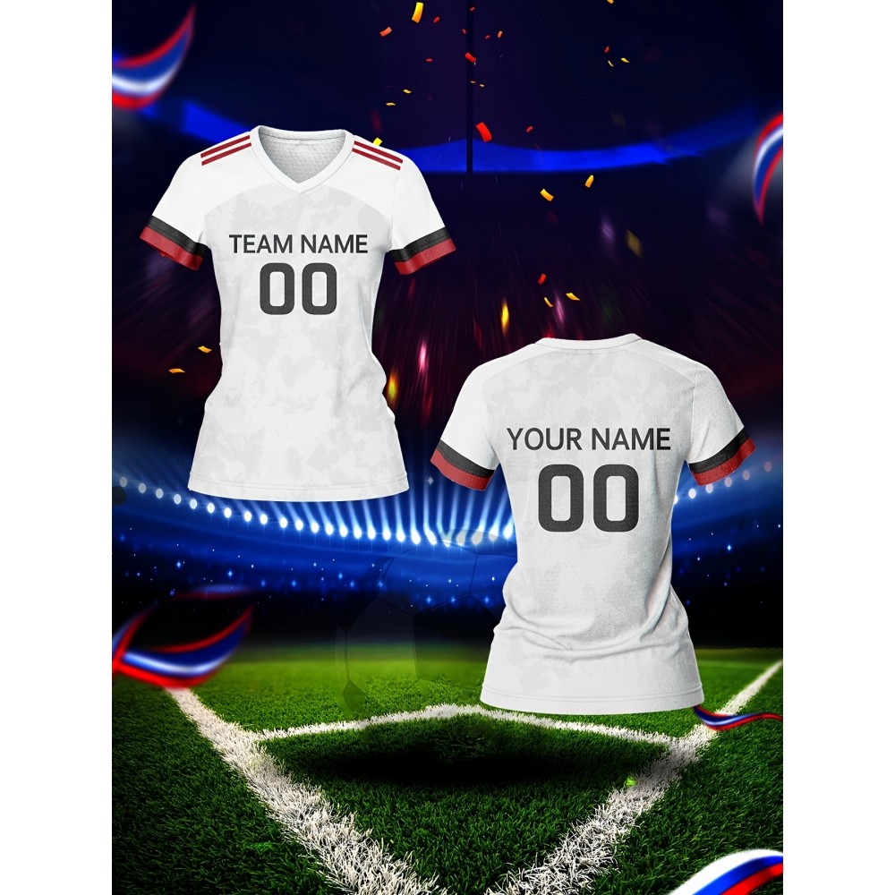 Customizable Women's V-Neck Soccer Jersey - Personalized Name & Number, Breathable Polyester, Quick-Dry Athletic Top for Team Training, Sports Fitness & Casual Wear, Casual Sportswear | Customizable Sports Gear | Smooth Fabric