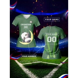 Customized Women's V-Neck Football Jersey - Personalized Name & Number, Breathable Quick-Dry Fabric, Team Training & Casual Wear with Cute Cartoon & Champion 00 Design, Spring Summer Fall Sports Apparel, Durable Sports Gear