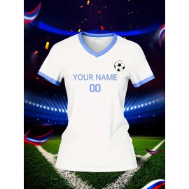 Customizable Women's V-Neck Soccer Jersey - Personalized Name & Number, Breathable Polyester, Quick-Dry Sports Top with Blue Accents for Team Training & Casual Wear, Team Apparel | Customizable Soccer Shirt | Knit Construction