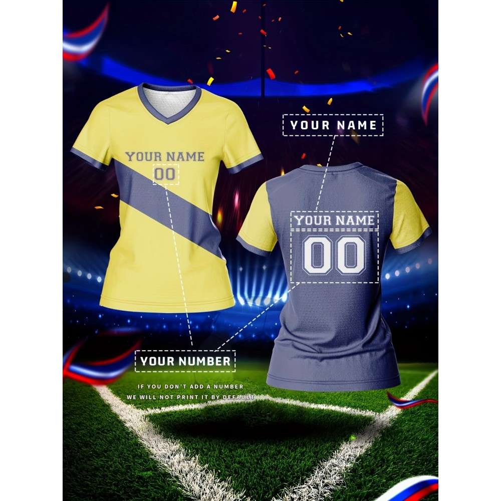 Customized Women'S V-Neck Football Jersey, Polyester 100% Knit Fabric, Quick-Dry Comfort Fit, All Over Print, Regular Length, for Team Training & Fitness, Spring/Summer/Fall Sports Top