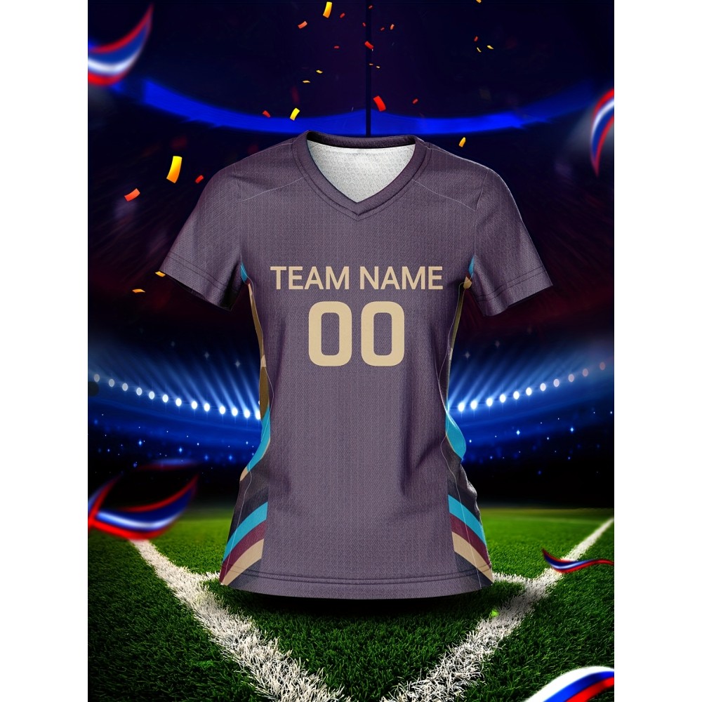 Custom Name and Number Women'S V-Neck Football Jersey, Team Training Sportswear, Comfortable Breathable, Quick-Drying, Daily Casual, Polyester, Slight Stretch, All Over Print, Regular Length, Spring/Summer/Fall, Knit Fabric, 210 g/m²