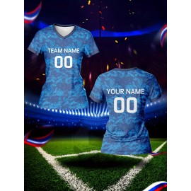 Customizable Women's V-Neck Football Jersey - Personalized Name & Number, Breathable Polyester, Quick-Dry Sports Top for Team Training, Casual Wear, and Fitness - Blue Camouflage Design