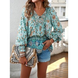 Floral Print V Neck Blouse, Casual Drawstring Long Sleeve Blouse For Spring & Fall, Women's Clothing