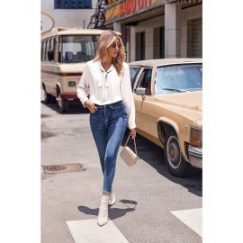 Women's Satin Silk Long Sleeve Blouse with Bow Tie Neck Office Work Wear Elegant Tops