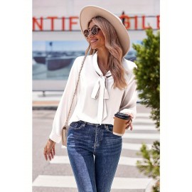 Women's Satin Silk Long Sleeve Blouse with Bow Tie Neck Office Work Wear Elegant Tops