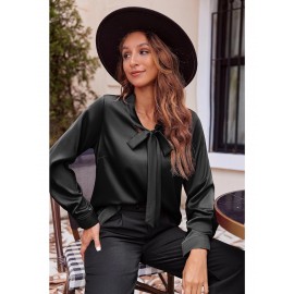 Women's Satin Silk Long Sleeve Blouse with Bow Tie Neck Office Work Wear Elegant Tops