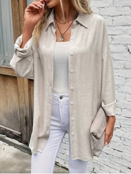 Solid Lapel Neck Button Down Blouse, Elegant Long Sleeve Spring & Fall Blouse For Business Or Leisure, Women's Clothing