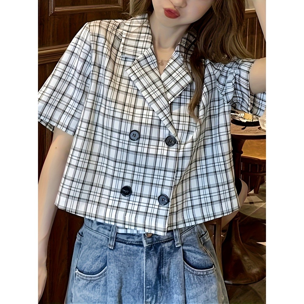 Plaid Print Double Breasted Crop Blouse, Casual Short Sleeve Lapel Blouse For Spring & Summer, Women's Clothing