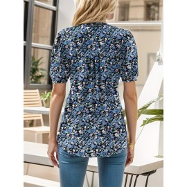 Floral Print Notched Neck Blouse, Casual Pleated Puff Sleeve Blouse For Spring & Summer, Women's Clothing