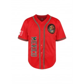 1pc Mexico Men'S V-Neck Baseball Jersey - Breathable Polyester Sports Top with Lettering and Emblem, Casual Loose-Fit for Training and Beachwear, Available in Black, White, and Red